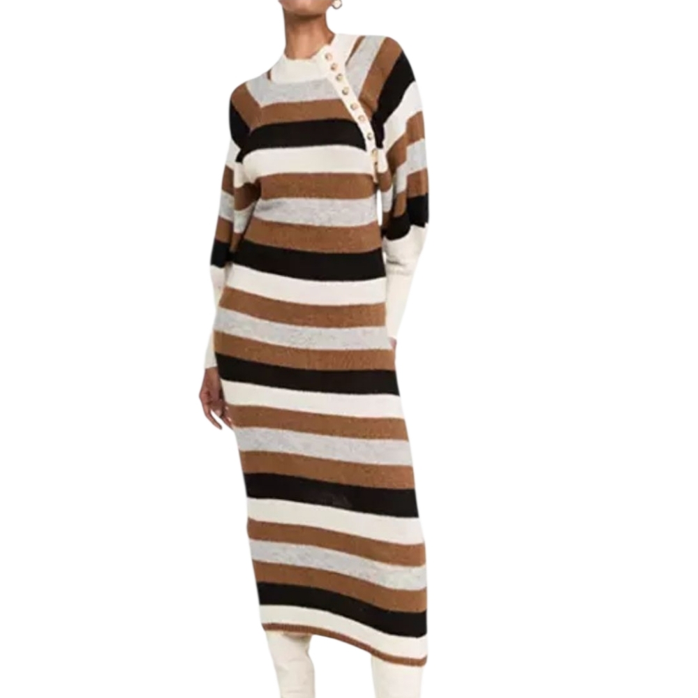 NWT STELLA PARDO Sapa Alpaca Wool Mohair Puff Sleeve Striped Sweater Maxi Dress